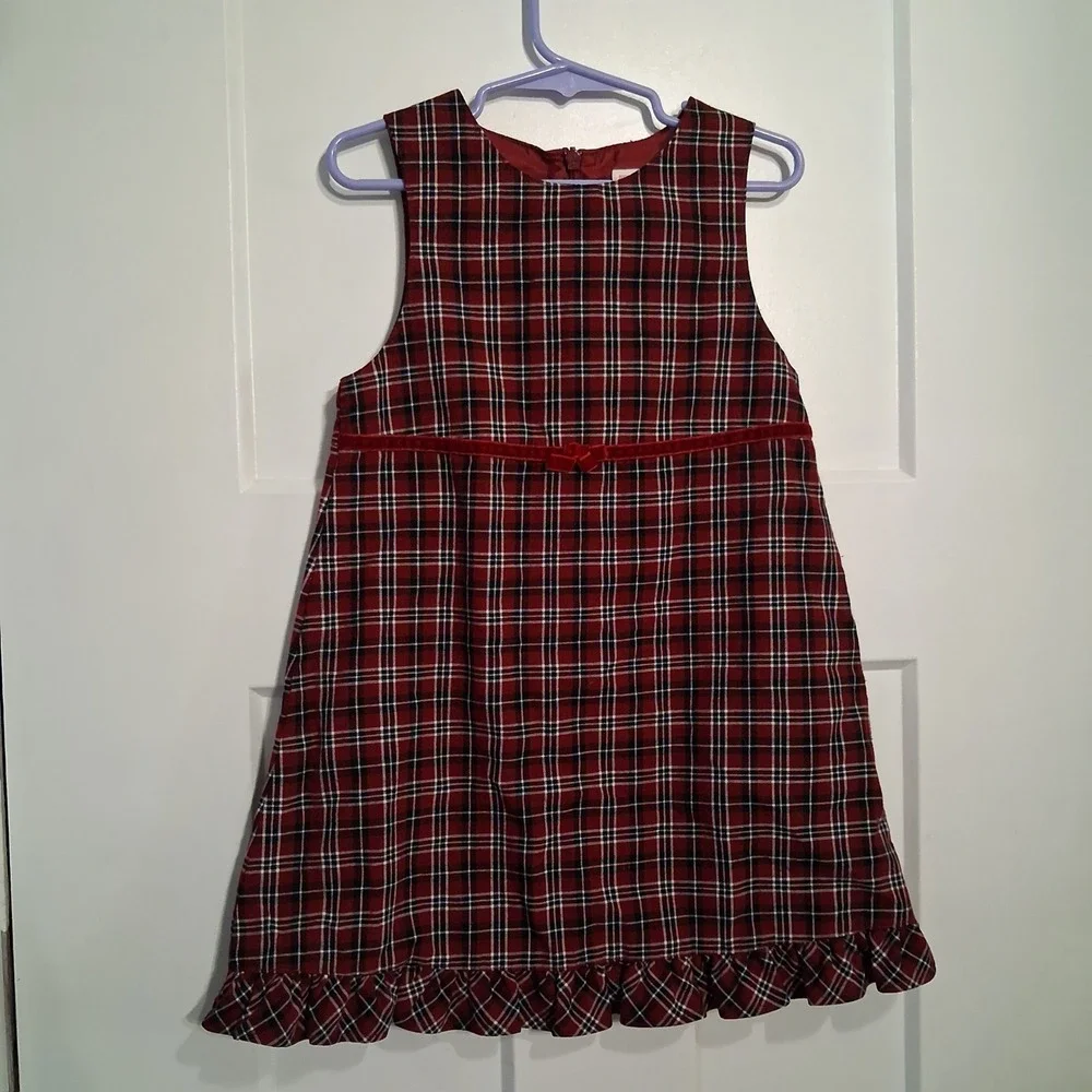 Vintage Y2K Gymboree Girls Red Plaid Jumper Dress Velvet Bow Ruffle